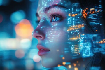 Poster - A woman's face merges with a futuristic digital cityscape, symbolizing technological integration and the future.