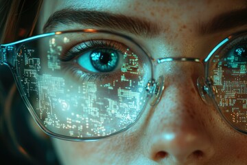 Poster - Close-up of a person's eye with futuristic glasses displaying digital code.