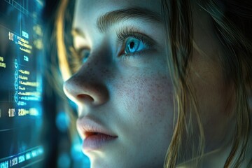 Leinwandbilder - Young woman with freckles intently studies data displayed on a futuristic screen.