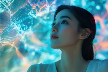 Poster - A young woman gazes at a vibrant, abstract digital display, contemplating futuristic technology and connectivity.