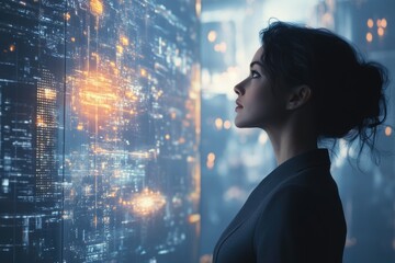 Aufkleber - A woman gazes at a futuristic cityscape displayed on a large screen, contemplating technological advancements and the future.