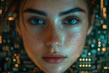 Poster - Close-up portrait of a freckled woman's face against a glowing circuit board background, evoking a futuristic or technological theme.