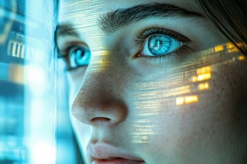 Fototapete - A young woman's face is projected with digital code, symbolizing the fusion of technology and humanity.