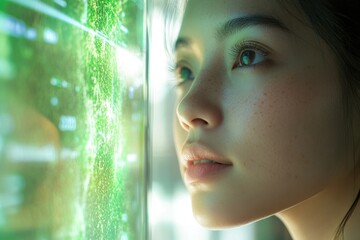 Poster - A young woman gazes intently at a vibrant green digital interface, a futuristic scene.