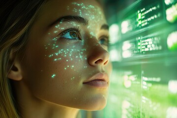 Poster - A woman's face is illuminated with glowing data streams, representing technological integration.