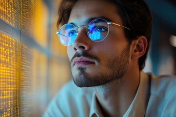 Poster - A young man wearing glasses intently studies a glowing data wall, reflecting technological expertise and focus.