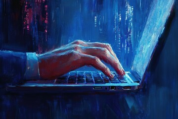 Fototapete - A hand types on a laptop, code flowing from the screen, depicting late-night coding or hacking.