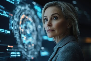 Poster - A woman with short gray hair, wearing a gray jacket, gazes intently at a complex digital interface.