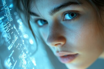 Leinwandbilder - Close-up of a young woman's face illuminated by a futuristic, blue digital interface.