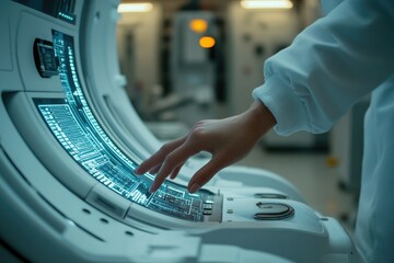 Poster - A person's hand interacts with a futuristic, curved touchscreen interface displaying lines of code.