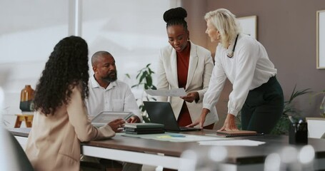 Poster - Tablet, documents and business people in meeting, team and ad agency with feedback for project. Group, technology and employees in workplace, laptop and report for sales growth and profit increase