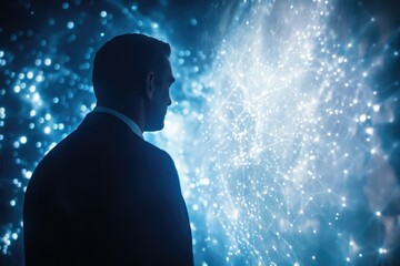 Aufkleber - A businessman contemplates a complex network of connections, symbolizing data, technology, and the future.