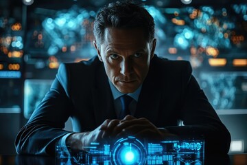 Aufkleber - A serious man in a suit sits before a futuristic interface, monitoring data streams and digital information.