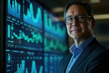Fototapete - A confident businessman stands before a wall of financial data screens, showcasing success and market analysis.