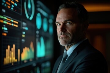 Fototapete - A serious businessman stands before a wall of data screens, analyzing financial information.