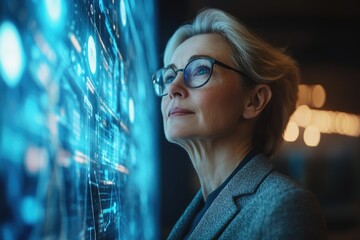 Poster - A woman thoughtfully examines a complex digital interface, showcasing technological innovation and data analysis.