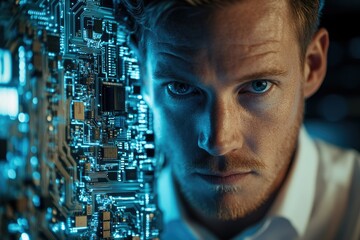 Poster - A man's face merges with a circuit board, symbolizing the intersection of human intelligence and technology.