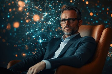 Aufkleber - A confident mature man in a suit sits in a leather chair against a background of a digital network.