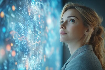 Poster - A woman thoughtfully observes a futuristic, data-rich holographic display, contemplating complex information.