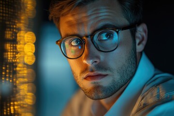 Fototapete - A focused young man with glasses intensely stares at a computer screen, illuminated by ambient lighting.