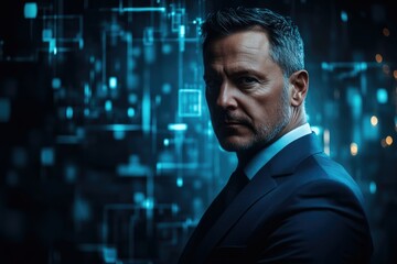 Aufkleber - A confident businessman stands against a backdrop of futuristic digital data streams, symbolizing technological advancement and innovation.