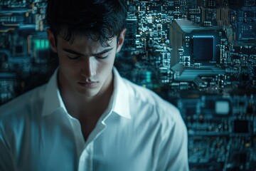 Leinwandbilder - A young man contemplates the complex circuitry of technology, lost in thought and digital possibilities.
