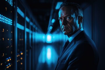 Aufkleber - A serious-looking man in a suit stands in a data center, illuminated by blue light.