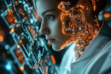 Poster - A futuristic depiction of a woman merging with technology, circuits overlaid on her face, highlighting the convergence of humanity and AI.