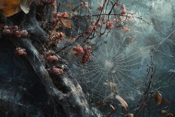 A stunning macro photograph of an intricate spider web adorned with dew, surrounded by autumn leaves and organic textures, capturing serene beauty in nature.