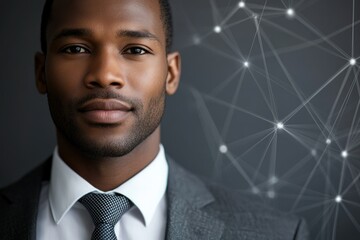 Aufkleber - A confident businessman, possibly in tech, portrayed against an abstract network background.