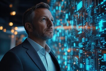 Aufkleber - A pensive businessman contemplates a futuristic digital landscape, reflecting on technological advancements and their impact.