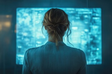Fototapete - A woman analyzes data displayed on a large screen, showcasing technological expertise and data analysis.