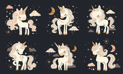 Wall Mural - A set of flat vector illustrations in a simple childish style. Cute unicorns and pegasi on dark background, clouds and stars. Vector illustration