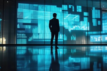 Fototapete - A businessman stands silhouetted against a large screen displaying dynamic financial data and market trends.
