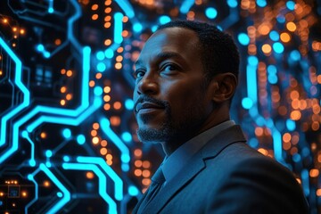 Aufkleber - A contemplative businessman stands against a backdrop of glowing circuit boards, symbolizing technological advancement and future possibilities.
