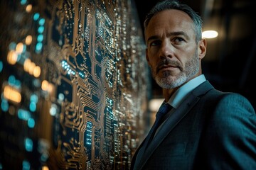 Poster - A businessman contemplates a complex circuit board, symbolizing technological advancement and innovation.