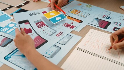 Wall Mural - panorama video of startup ux developer or company employee design user interface or ui prototype for