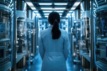 Poster - A scientist in a lab coat stands in a modern research facility, surrounded by advanced technology.