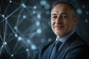 Aufkleber - Confident businessman portrait against an abstract network background, symbolizing connection and success.