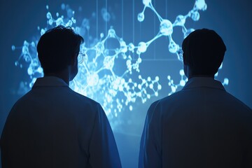 Poster - Two scientists examining a complex molecular structure projected on a screen, likely collaborating on research.