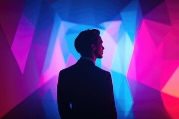 Fototapete - Silhouette of a man in suit against a vibrant, geometric, multicolored backdrop.