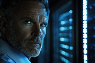 Fototapete - A man with grey hair stares intensely, possibly a tech expert in a server room.