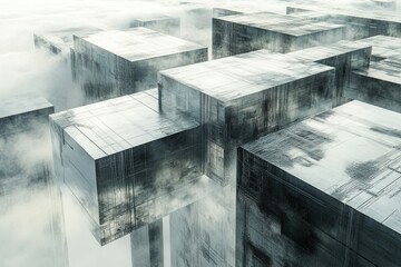 Fototapete - A misty, futuristic cityscape composed of interlocking grey concrete cubes.