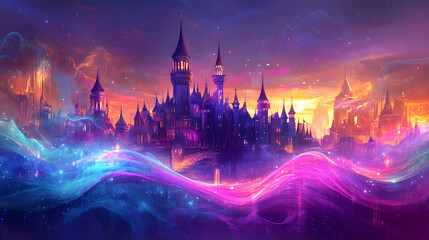 Wall Mural - a vibrant abstract image showcasing colorful waves of light in purple, blue, and pink, creating a dy