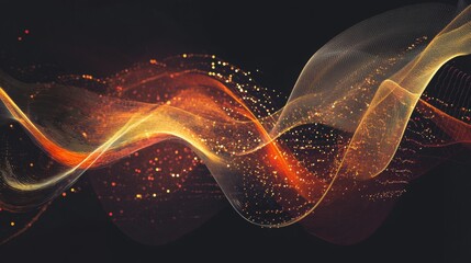 Canvas Print - dynamic abstract light waves with golden and orange sparkles on a dark background