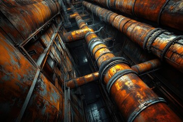 Poster - Rusty industrial pipes and aged metal structures create a dramatic, textured scene.