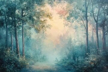 Wall Mural - serene forest path veiled in morning mist, sunlight filtering through trees creating a magical atmos