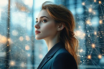 Aufkleber - A young woman gazes thoughtfully out a window, contemplating a network of connections in a futuristic cityscape.