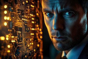 Poster - A man's intense gaze juxtaposed with a glowing circuit board, symbolizing technology and human connection.
