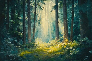 Wall Mural - sunlit path through a mystical forest, tall trees creating a serene, magical atmosphere.